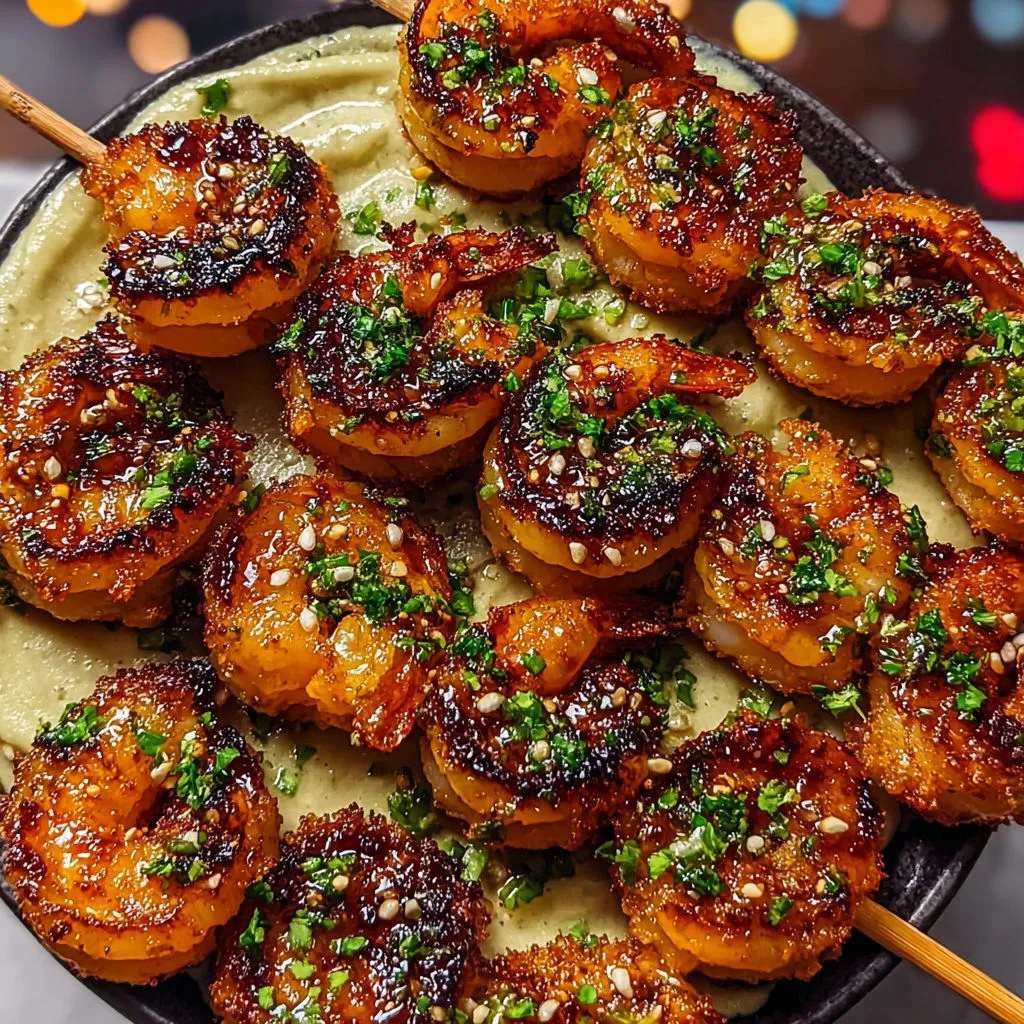 Brochettes croustillantes de crevettes au miel et épices.