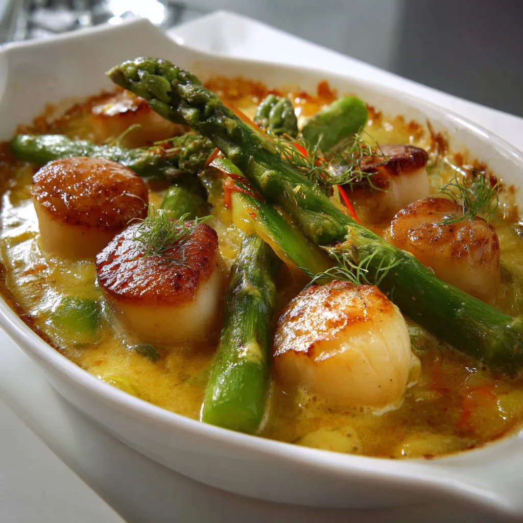 Cassolette Saint-Jacques aux asperges: recette savoureuse et facile.