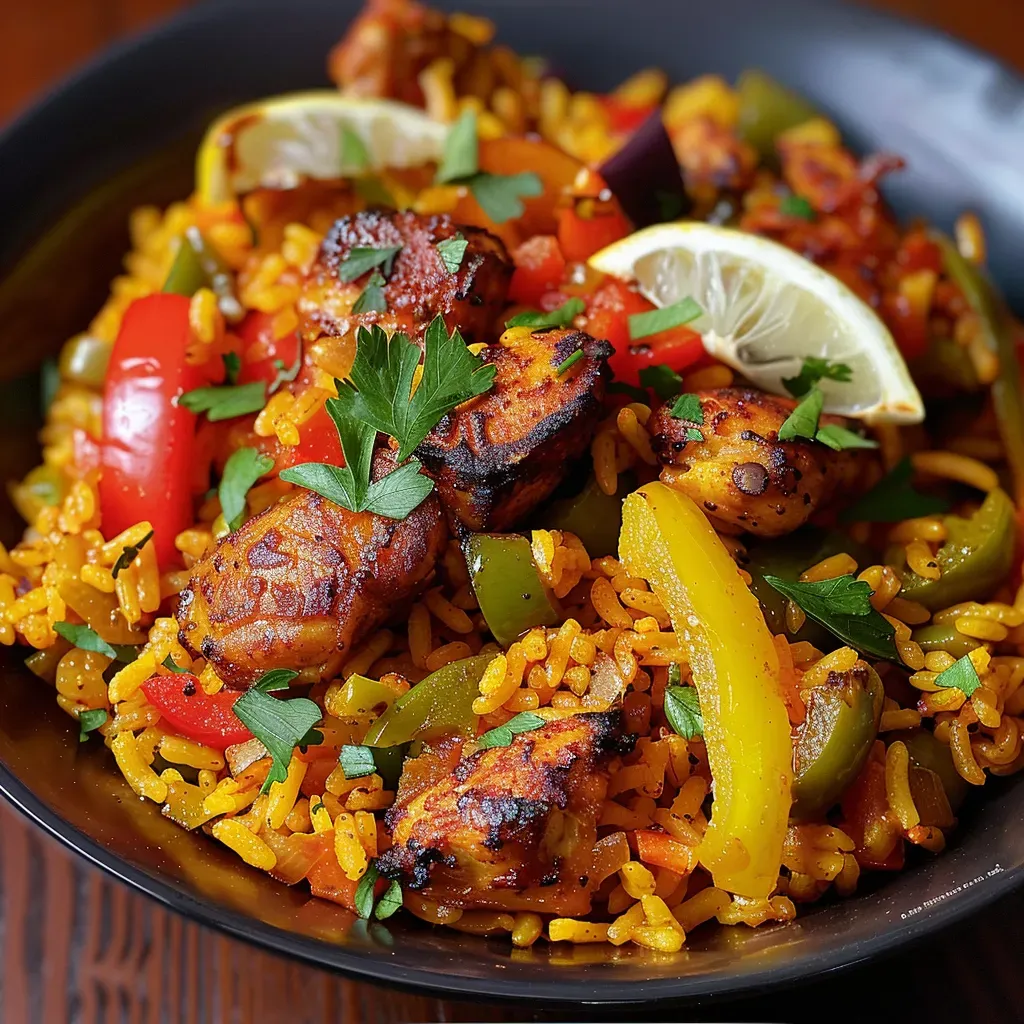 Délice épicé : riz saucisses merguez aux poivrons et poulet