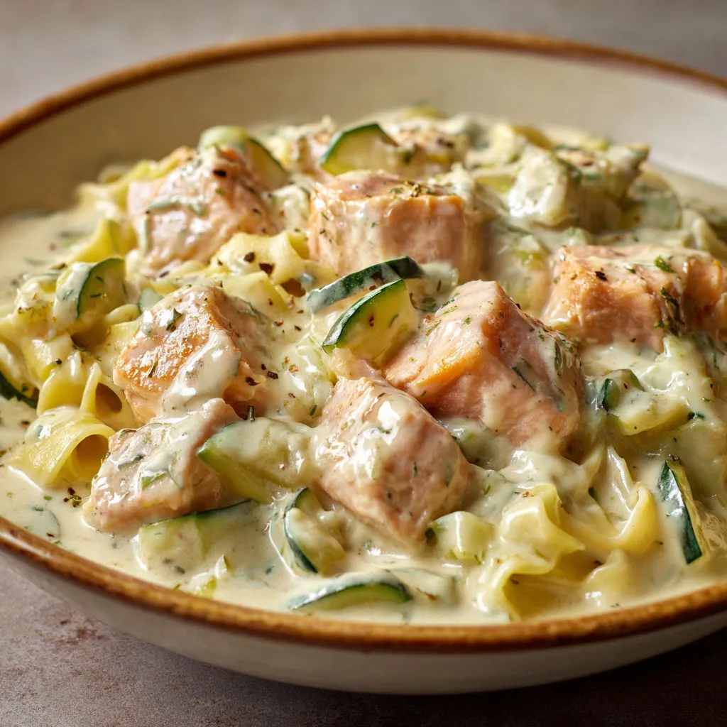 Délicieuse blanquette de saumon avec des pâtes onctueuses