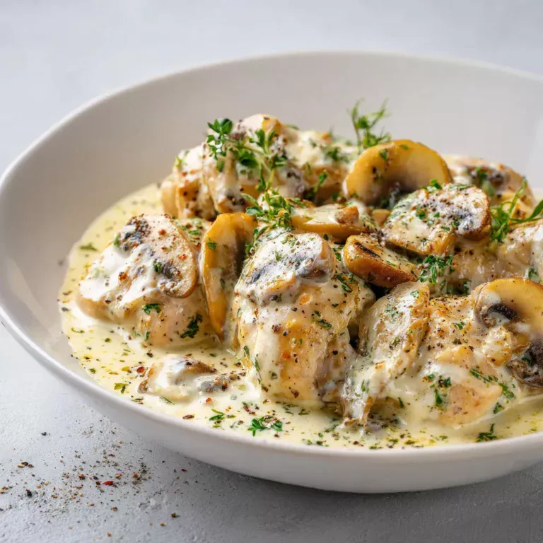 Délicieuse fricassée de poulet à la crème et champignons