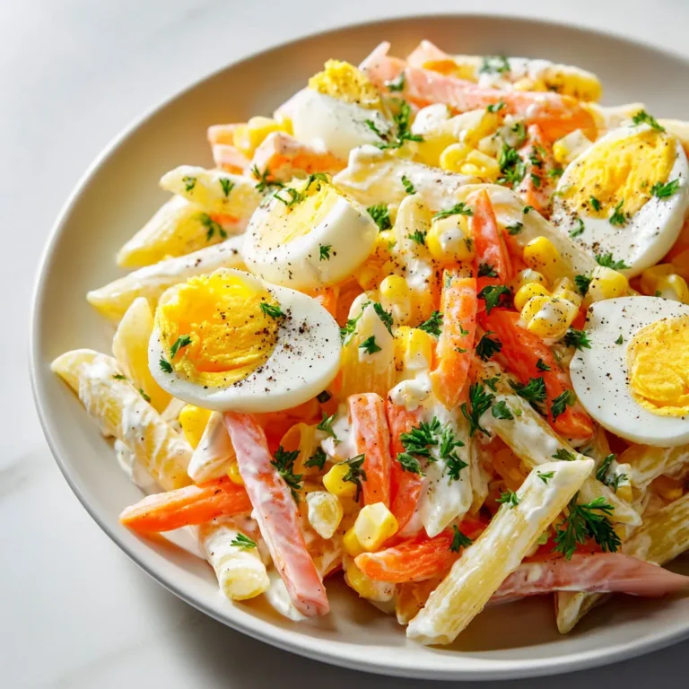 Délicieuse salade estivale : pâtes, surimi et œufs durs.