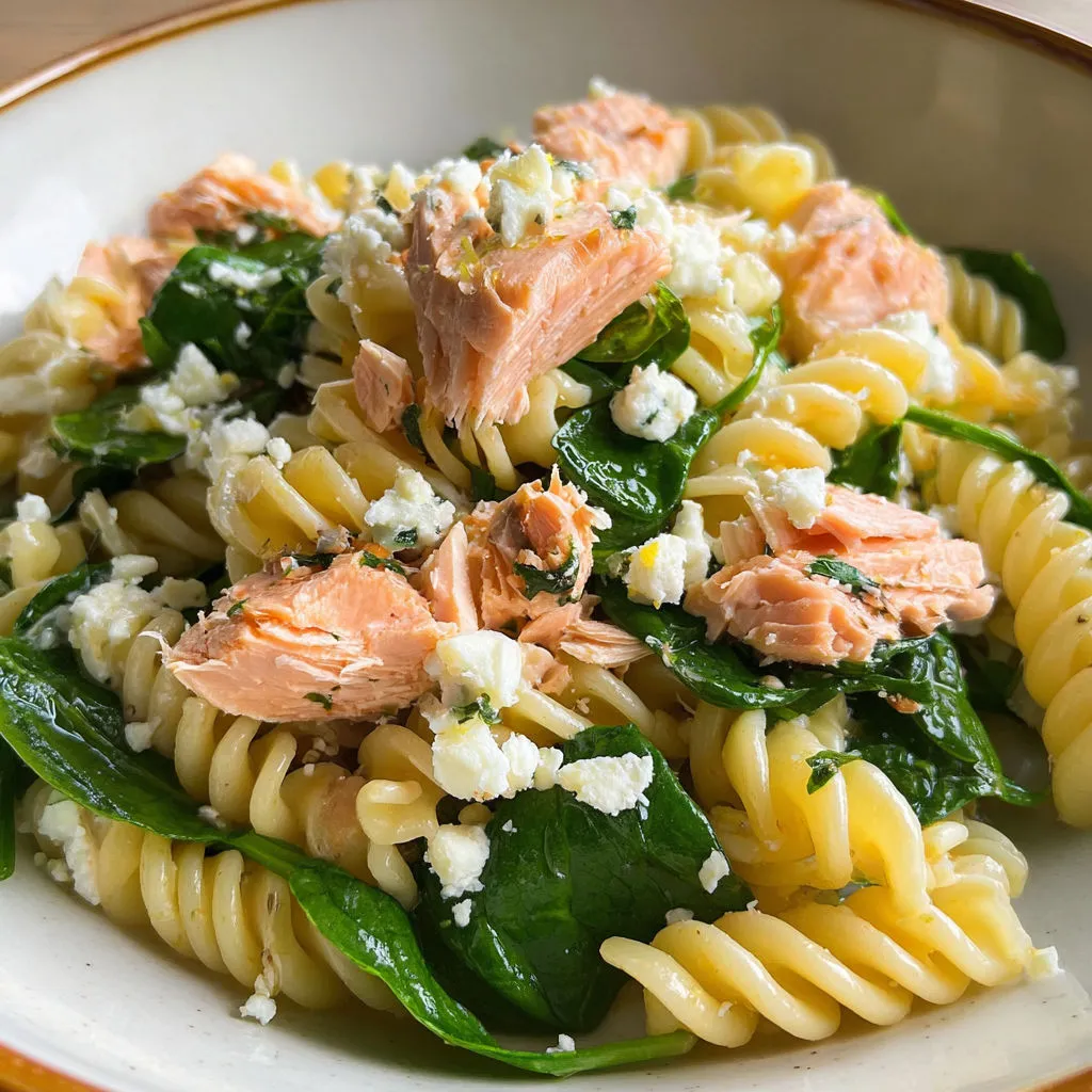 Délicieuse salade pâtes au saumon, épinards et citron