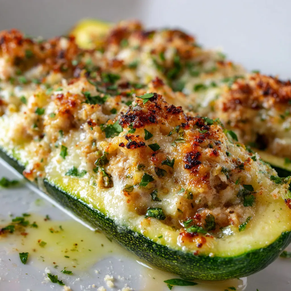 Délicieuses courgettes farcies au thon et fromage gratiné