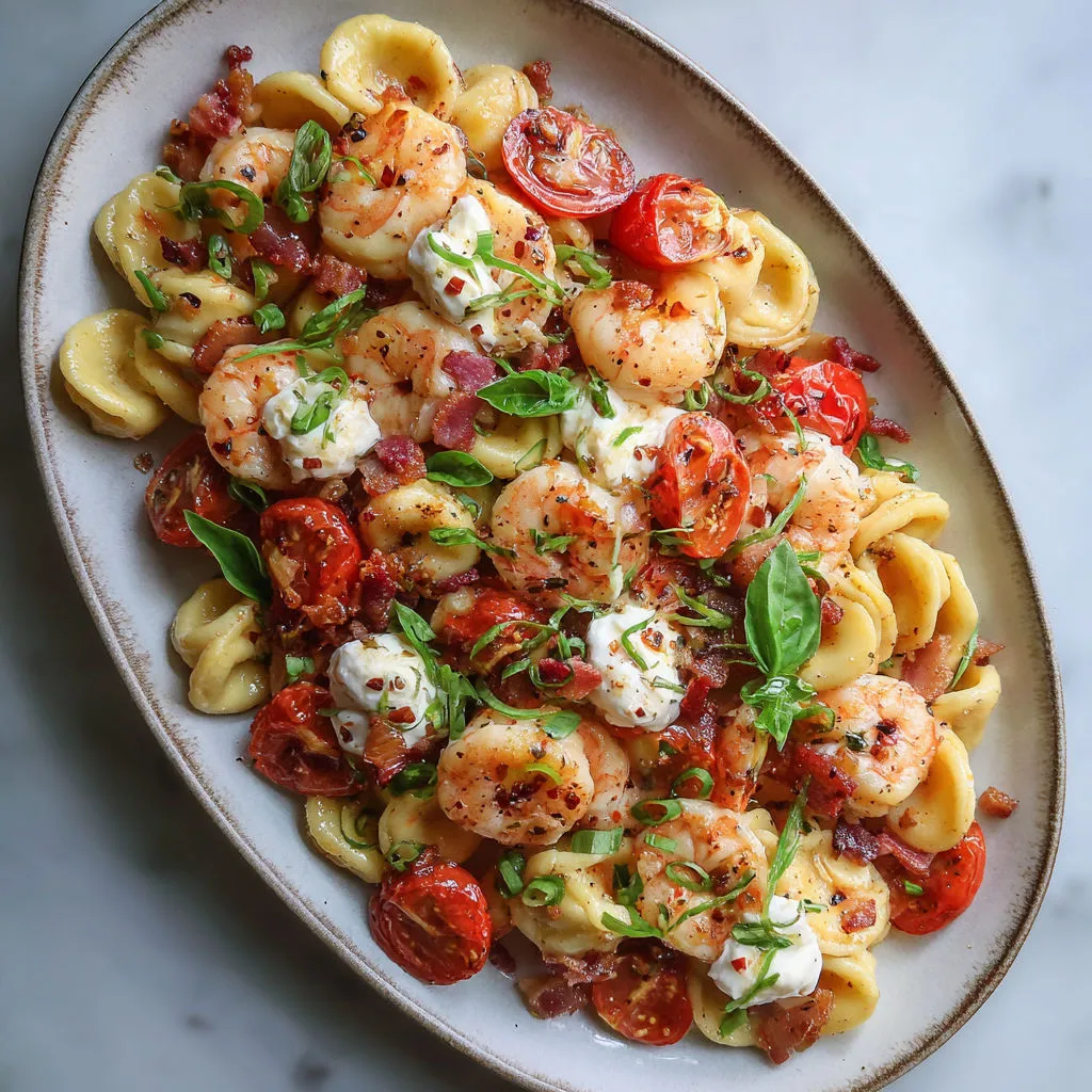 Délicieuses orechiettes aux crevettes, tomates et pancetta.