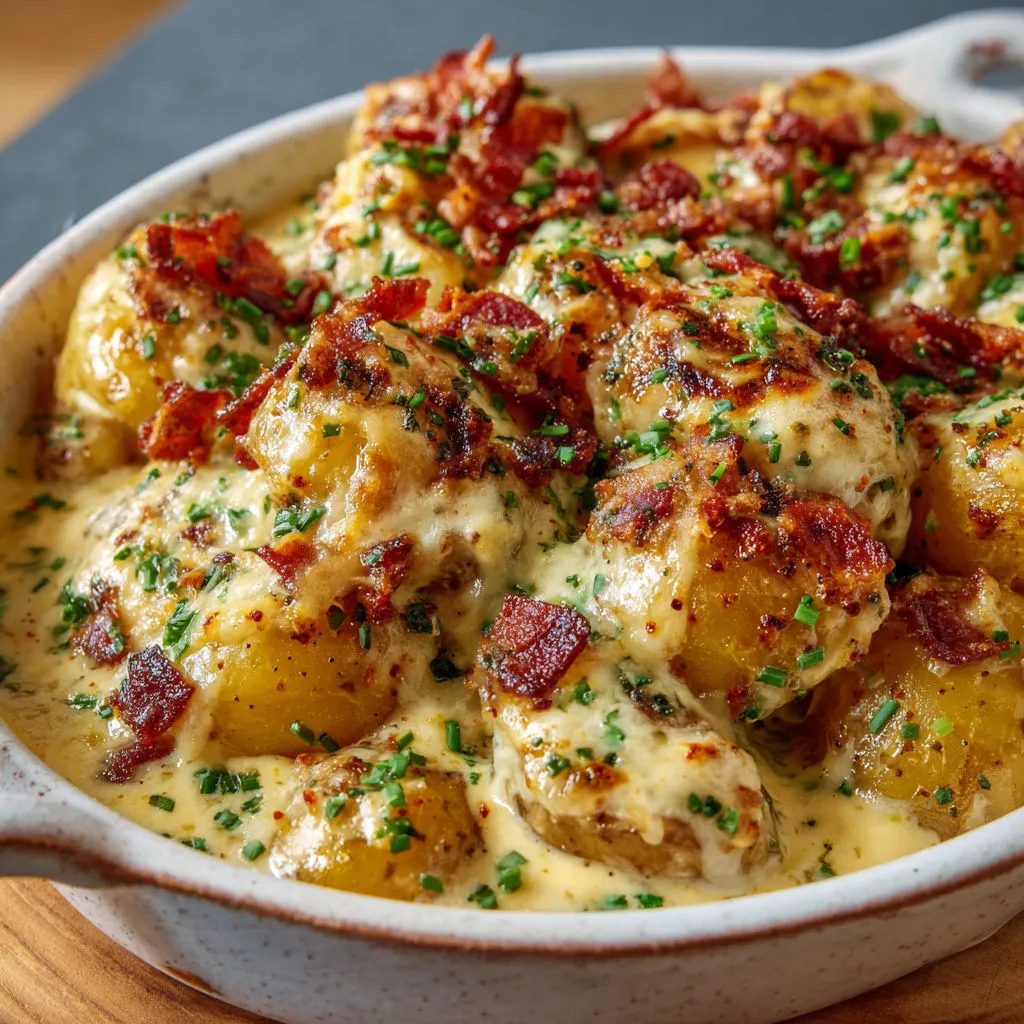 Délicieuses pommes de terre au fromage, ail et bacon
