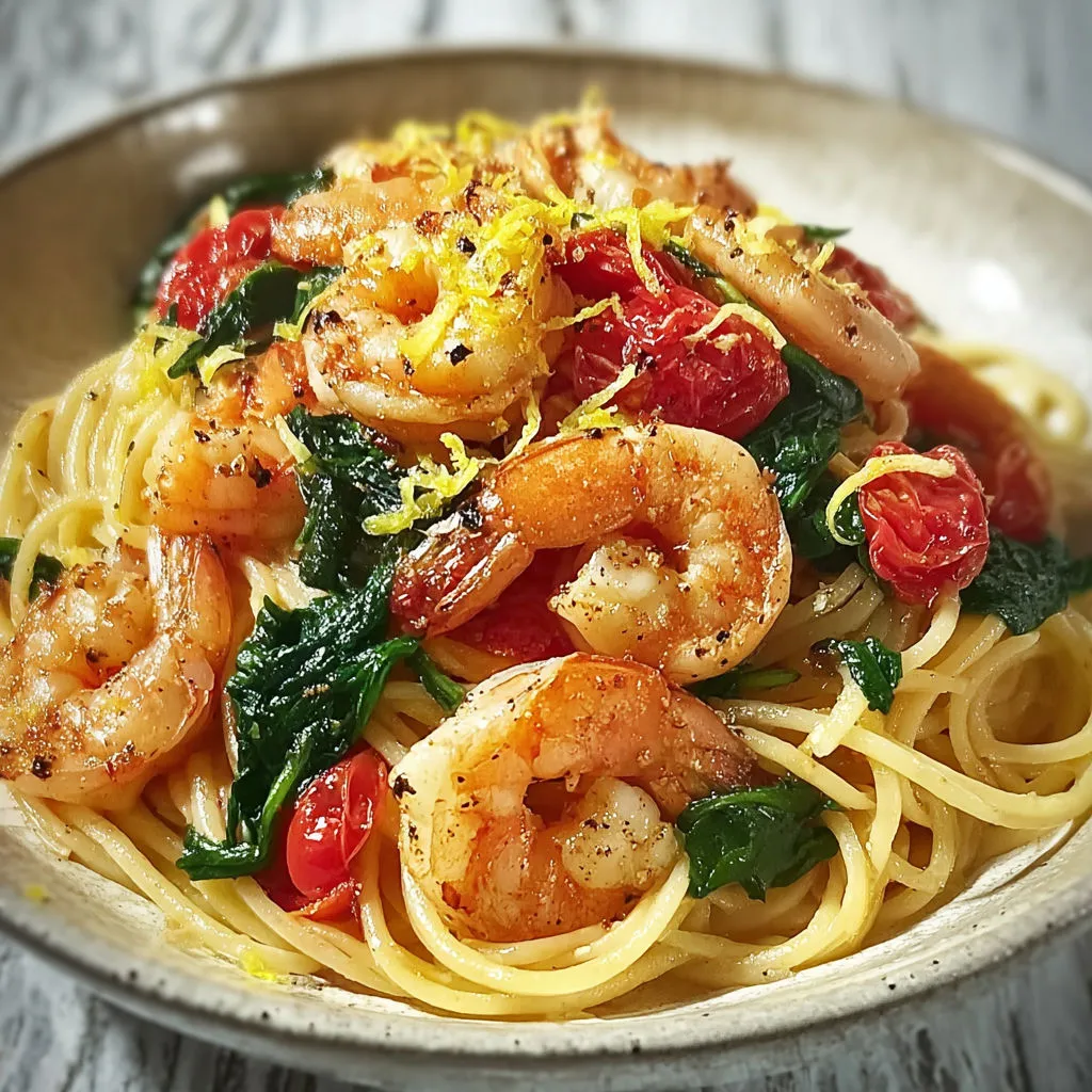 Délicieuses pâtes aux crevettes, tomates et épinards