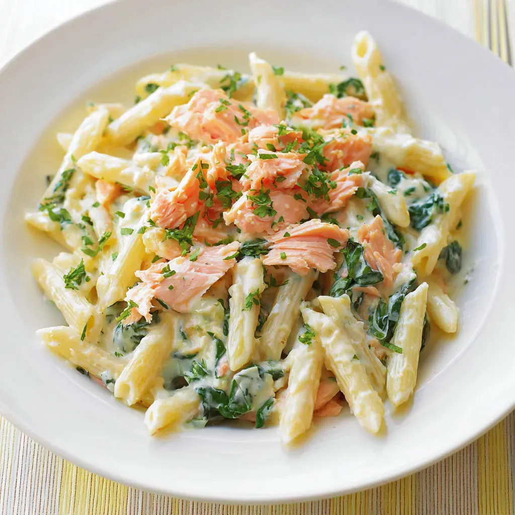 Délicieuses pâtes crémeuses au saumon et épinards