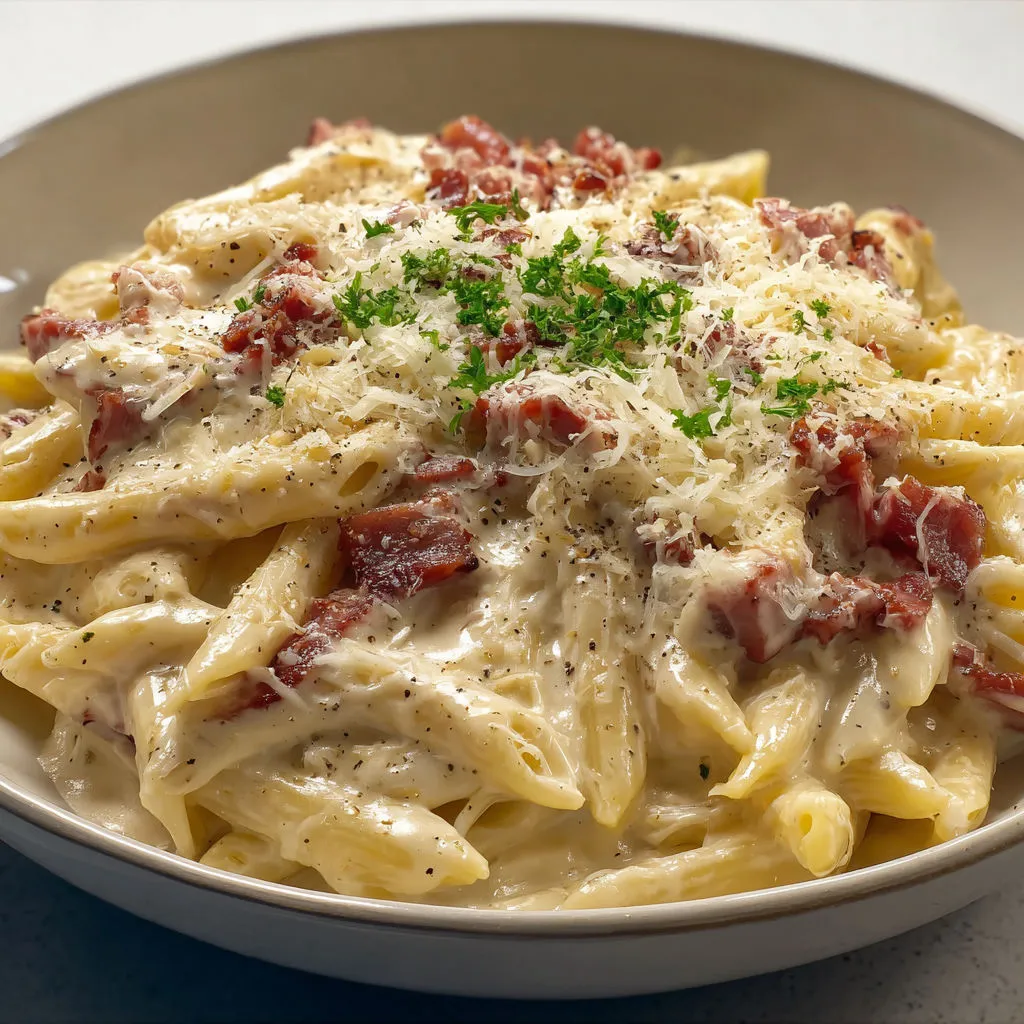 Délicieuses pâtes crémeuses aux lardons fumés