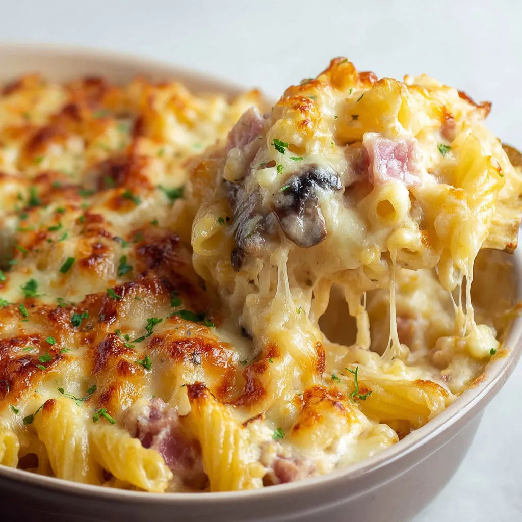 Délicieux gratin pâtes jambon champignons: recette facile et savoureuse