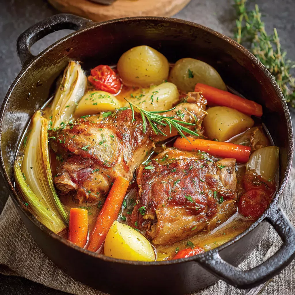 Délicieux jarret de porc aux légumes mijotés