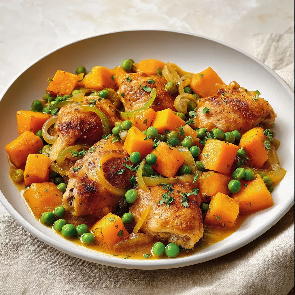 Délicieux poulet rôti avec courge et fleur d'ail.