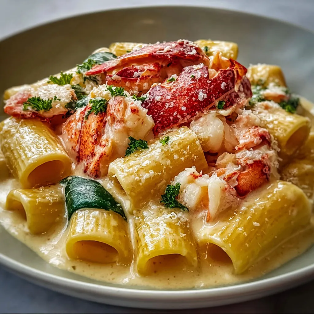 Délicieux rigatoni au homard avec sauce parmesan onctueuse