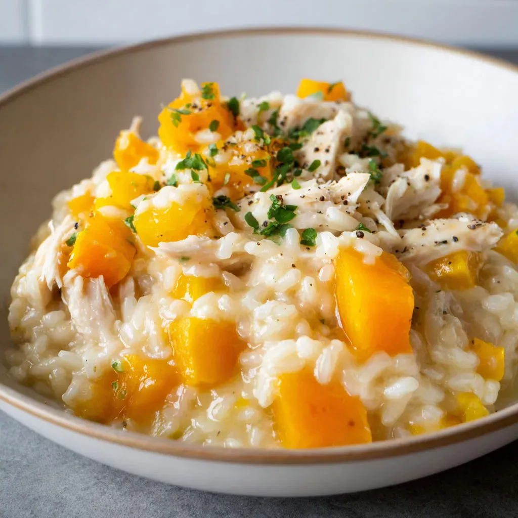 Délicieux risotto au poulet, courge et cheddar!