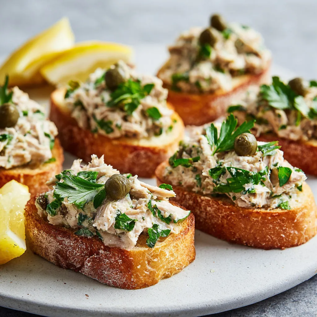 Délicieux toasts: thon, câpres et persil frais