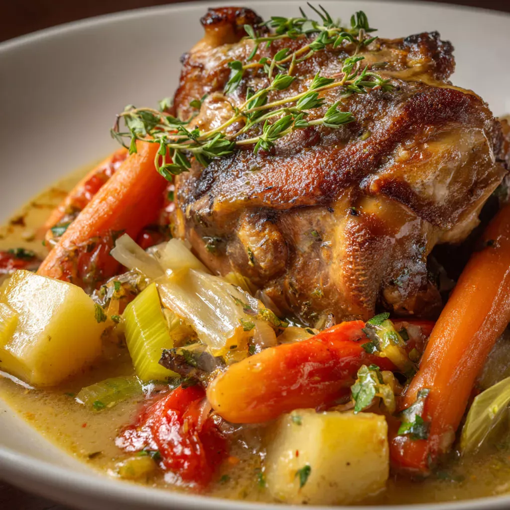 Jarret de porc fondant aux légumes de saison