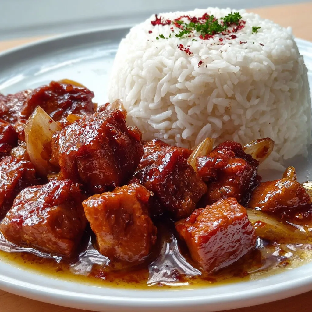 Ragoût de porc mijoté avec riz et légumes variés