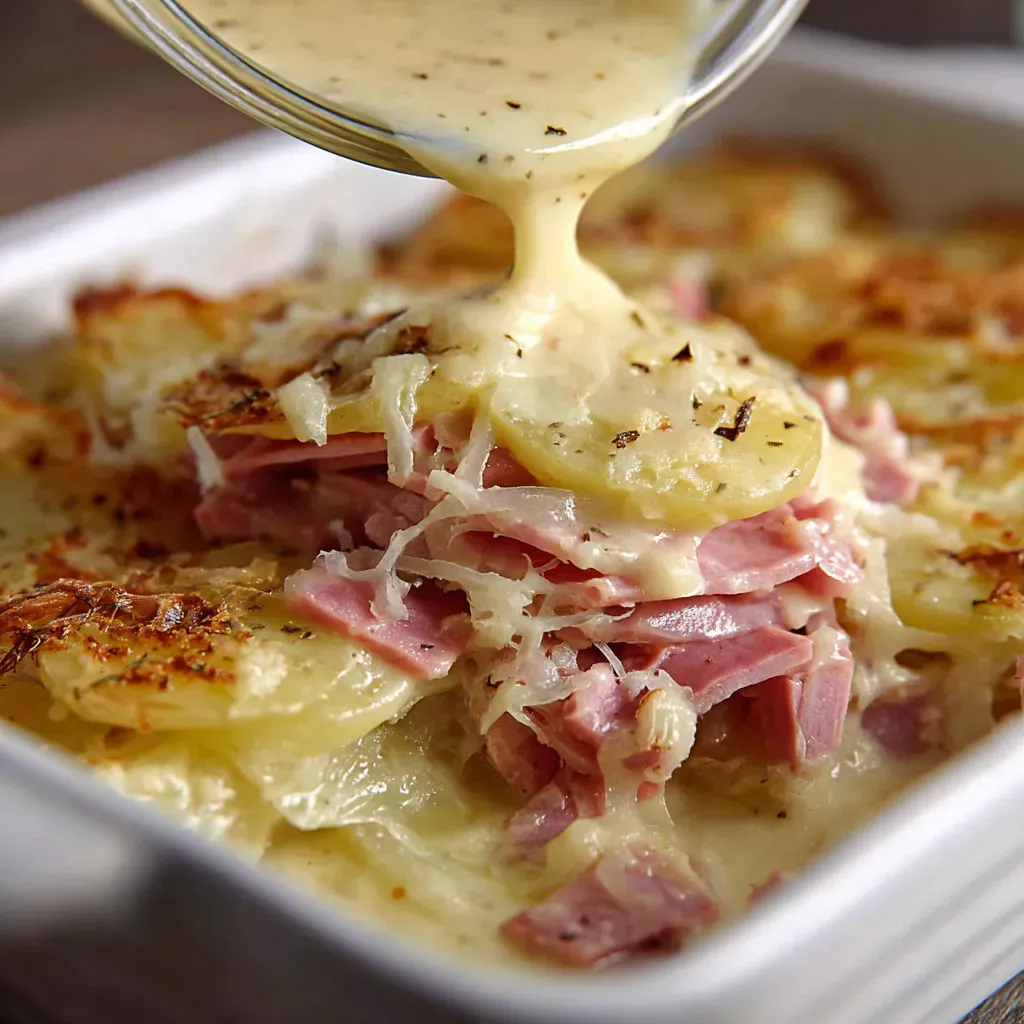 Recette savoureuse: pommes de terre au jambon.