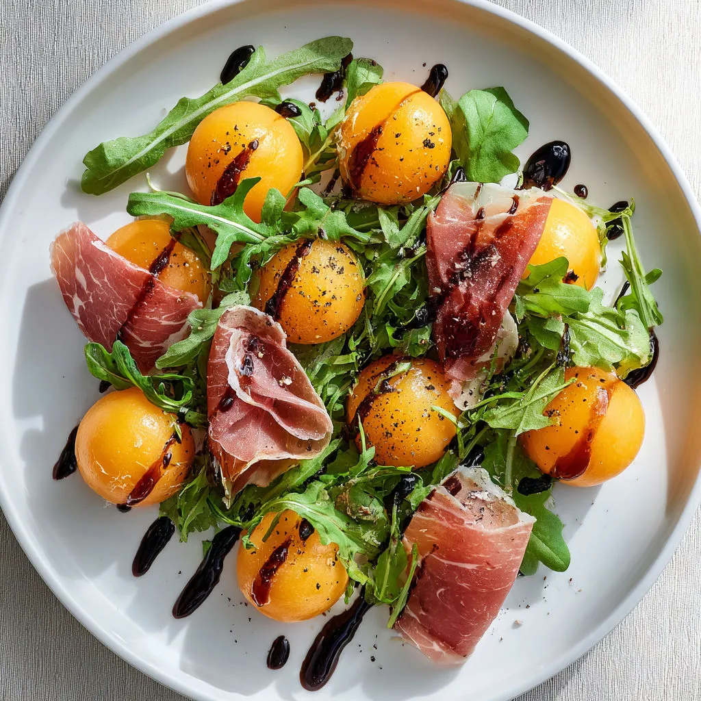 Salade fraîche melon, jambon de Parme et roquette