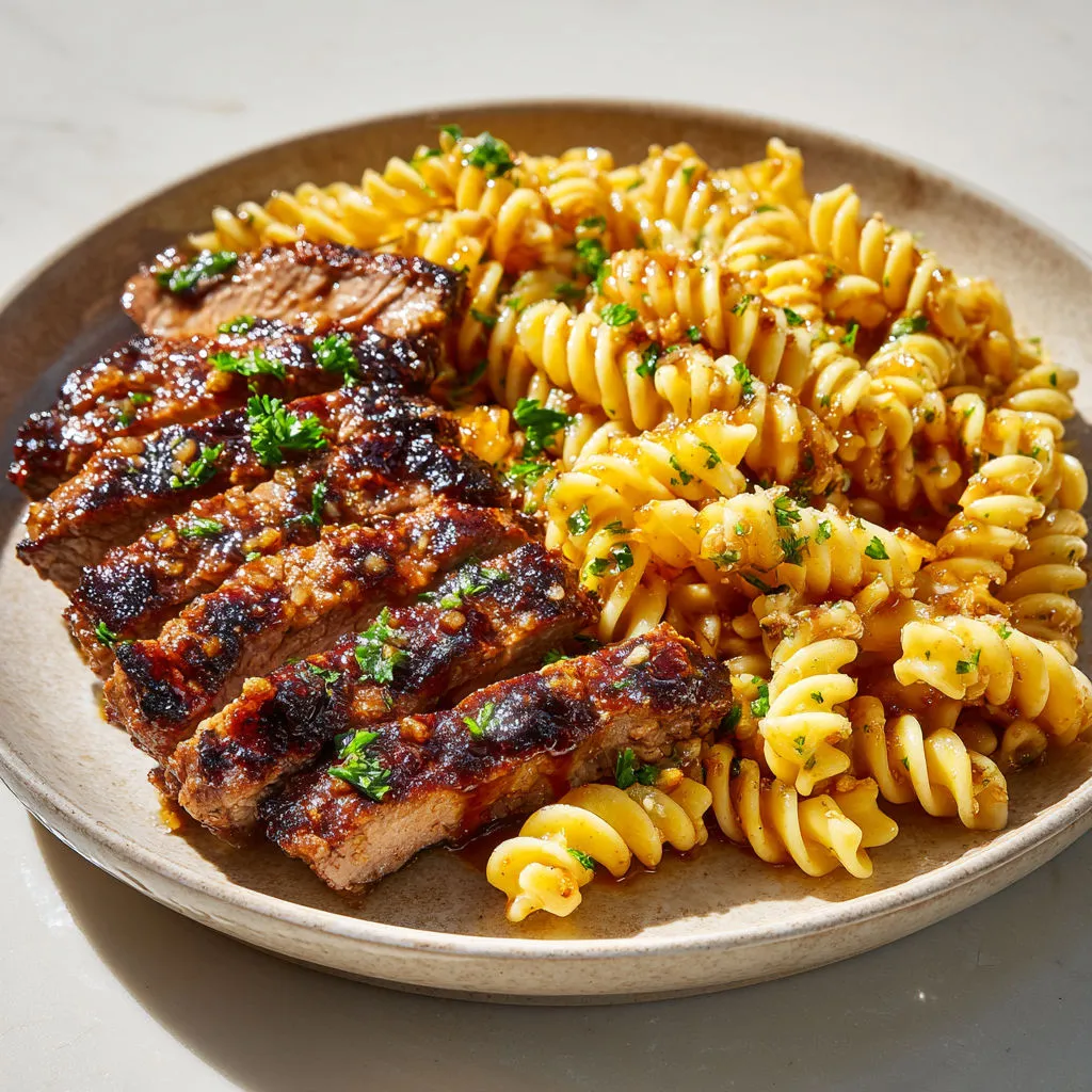 Steak savoureux miel ail sur lit de rotinis