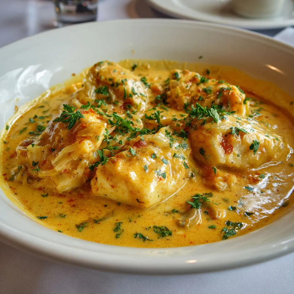 Blanquette de cabillaud en bisque de homard onctueuse