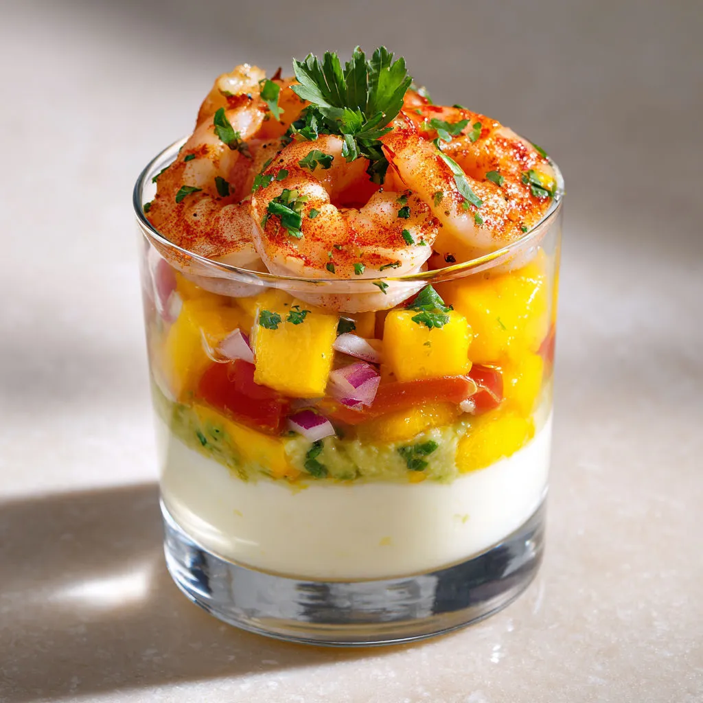 Délice tropical : verrines crevettes, mangue, guacamole