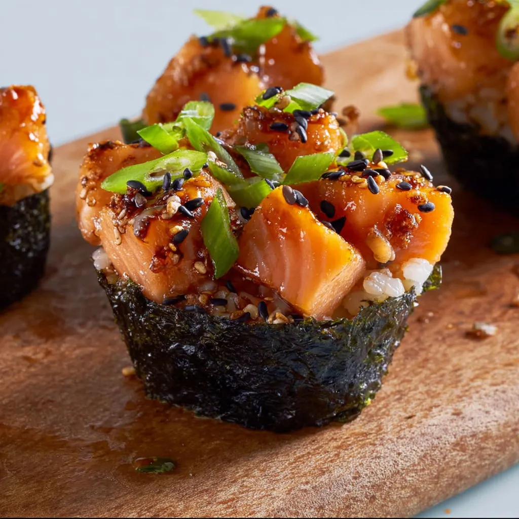 Délicieuses bouchées de sushis au saumon mariné.