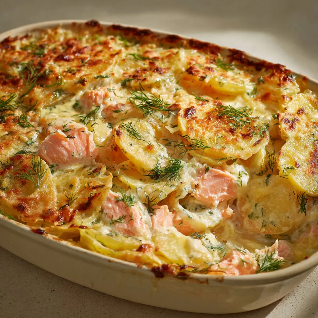 Délicieux gratin de pommes de terre au saumon et à l'aneth