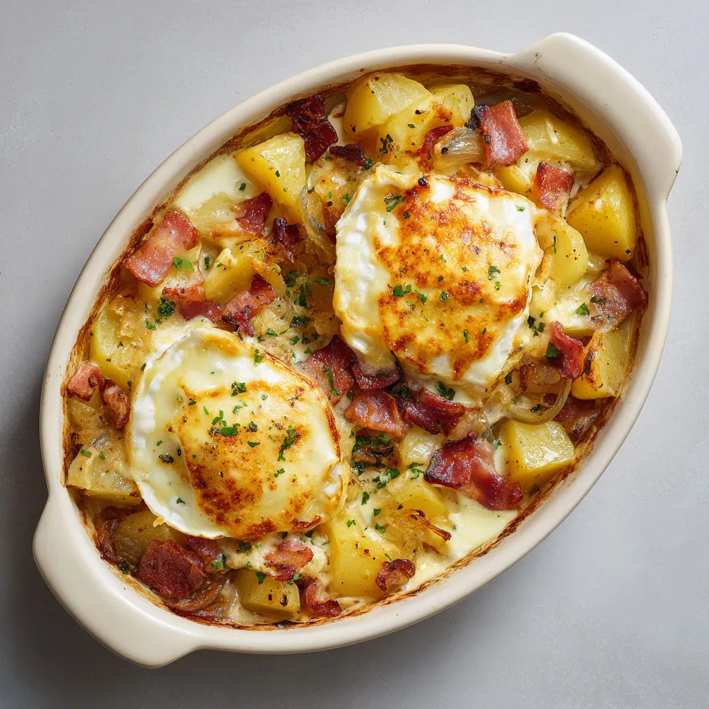 Tartiflette gourmande: fromage, pommes de terre, bacon